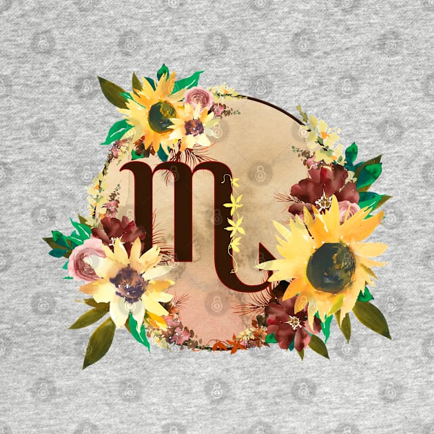 Scorpio Zodiac Horoscope Maroon and Sunflower Floral Monogram by bumblefuzzies